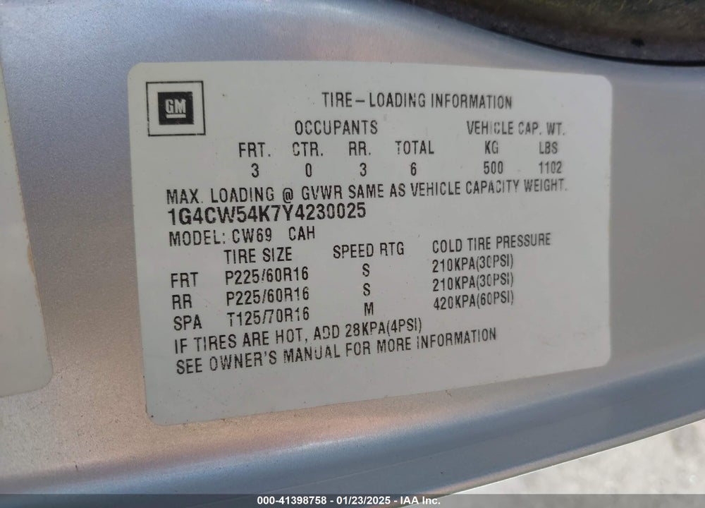 2000 BUICK PARK AVENUE VIN: 1G4CW54K7Y4230025