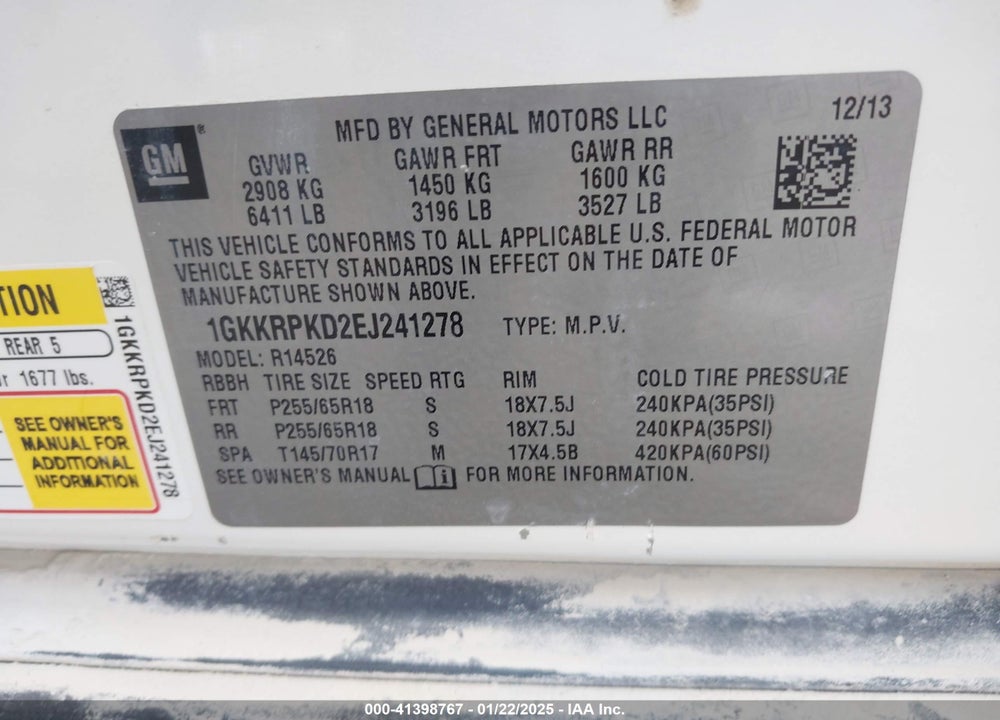 2014 GMC ACADIA SLE-2 VIN: 1GKKRPKD2EJ241278