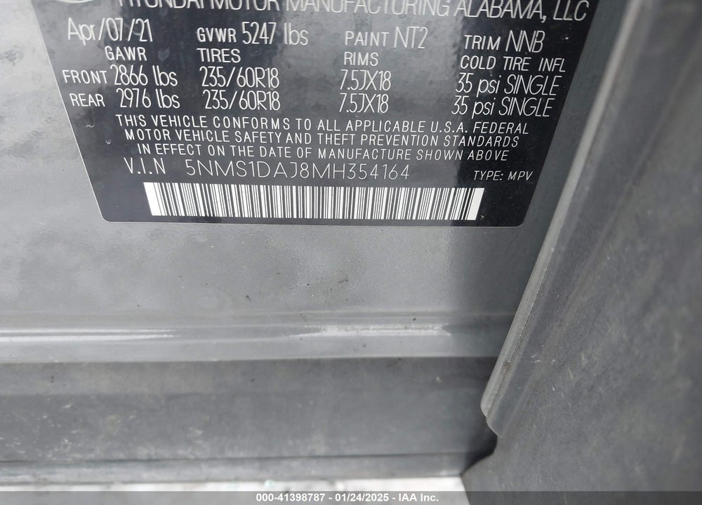 2021 HYUNDAI SANTA FE SE VIN: 5NMS1DAJ8MH354164