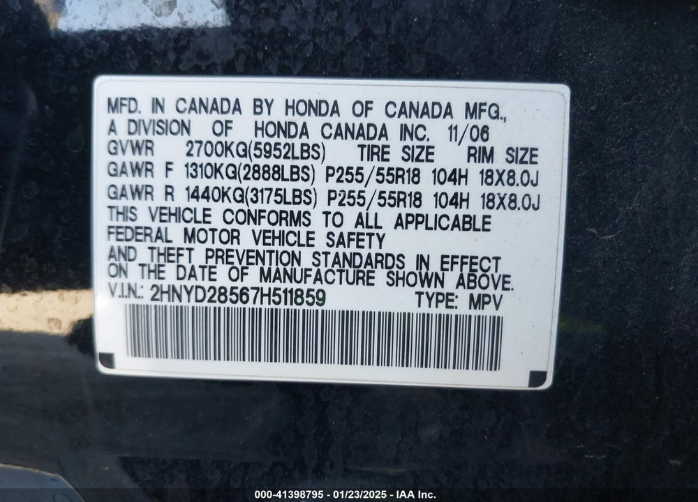 2007 ACURA MDX SPORT PACKAGE VIN: 2HNYD28567H511859