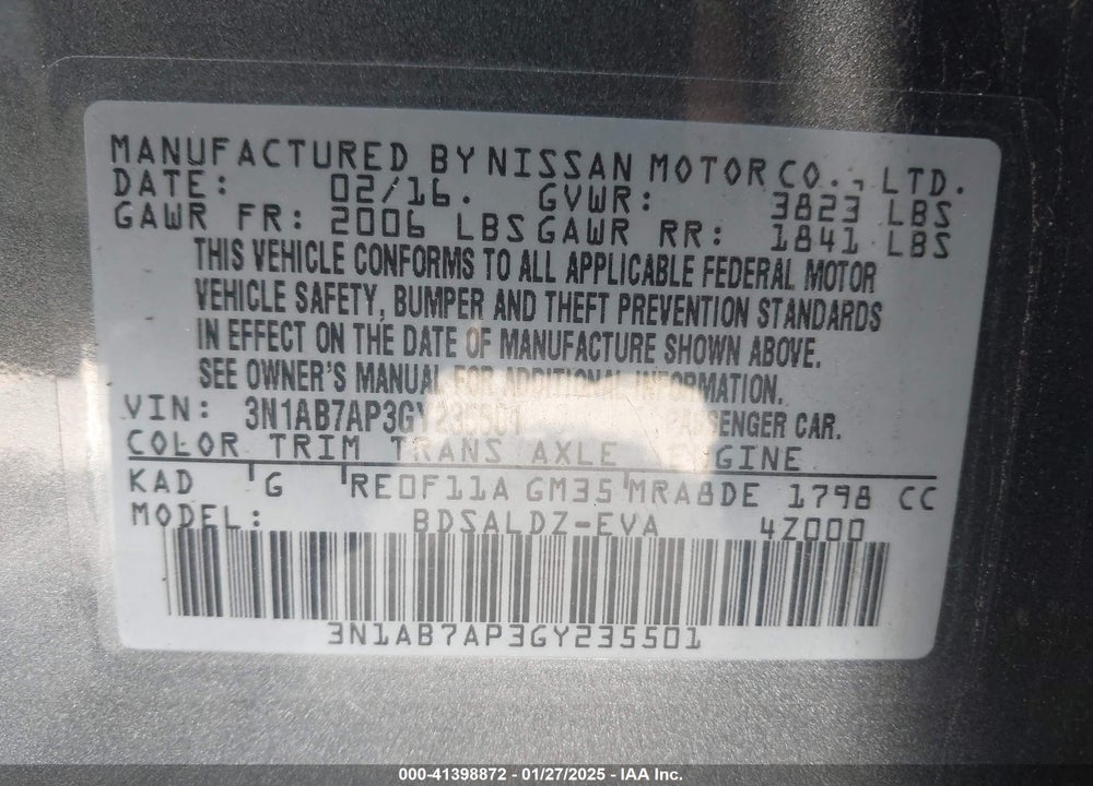 2016 NISSAN SENTRA VIN: 3N1AB7AP3GY235501