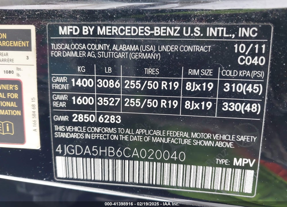 2012 MERCEDES-BENZ ML 350 4MATIC VIN: 4JGDA5HB6CA020040