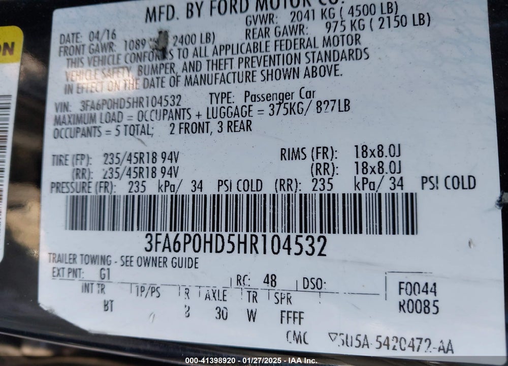 2017 FORD FUSION VIN: 3FA6P0HD5HR104532