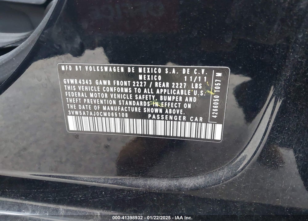 2012 VOLKSWAGEN JETTA VIN: 3VW5A7AJ0CM065108