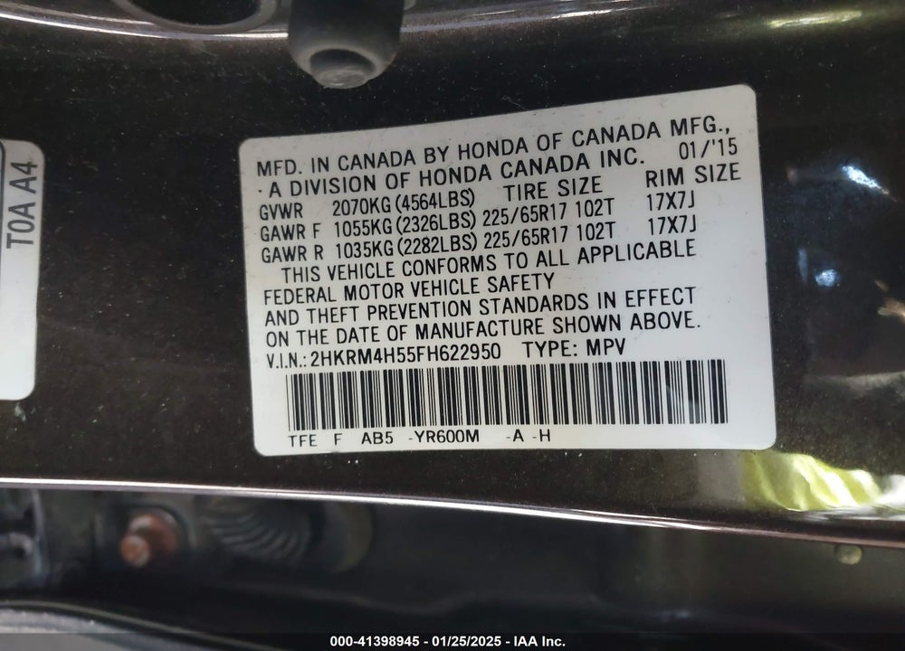 2015 HONDA CR-V EX VIN: 2HKRM4H55FH622950