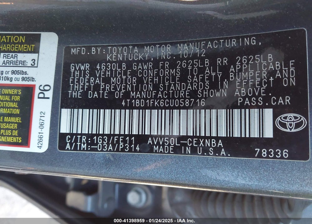 2012 TOYOTA CAMRY HYBRID LE VIN: 4T1BD1FK6CU058716