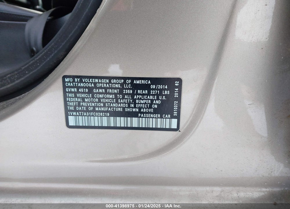 2015 VOLKSWAGEN PASSAT 1.8T WOLFSBURG EDITION VIN: 1VWAT7A31FC026219