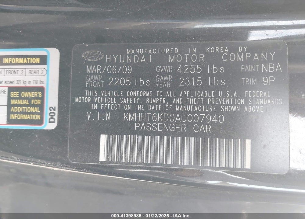 2010 HYUNDAI GENESIS VIN: KMHHT6KD0AU007940