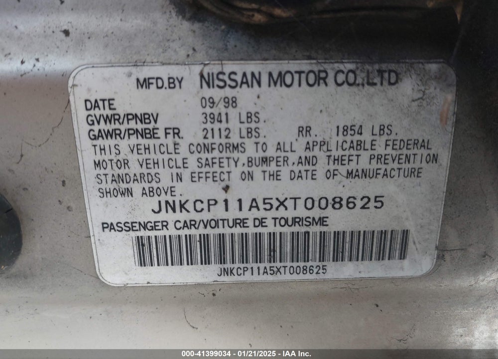 1999 INFINITI G20 STANDARD/TOURING VIN: JNKCP11A5XT008625