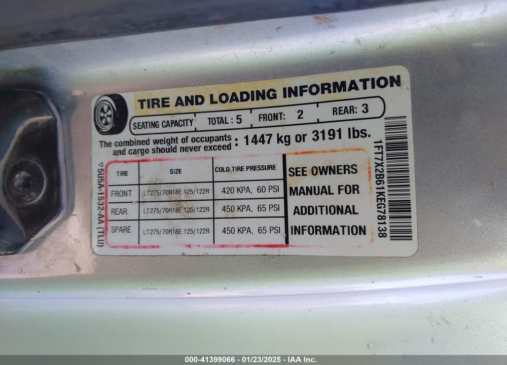 2019 FORD F250 VIN: 1FT7X2B61KEG78138