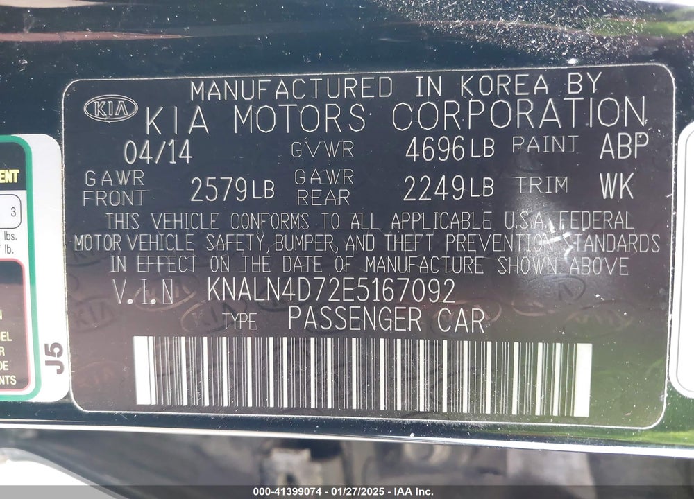 2014 KIA CADENZA VIN: KNALN4D72E5167092