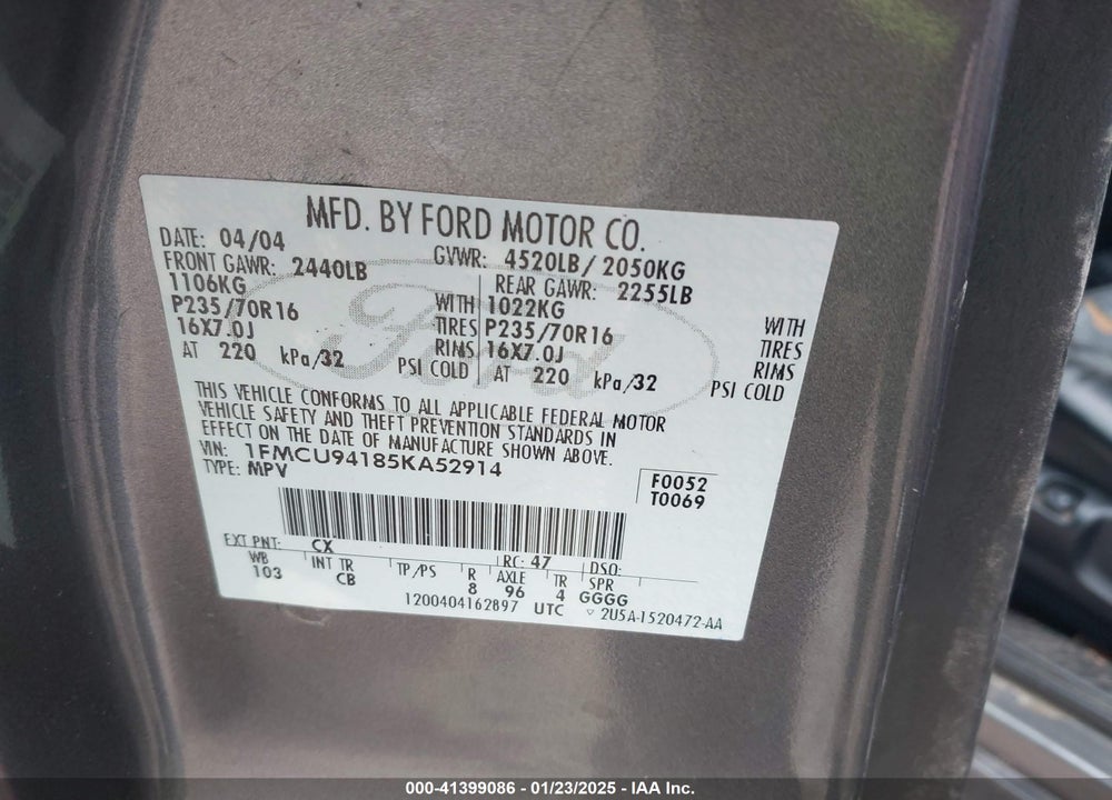 2005 FORD ESCAPE LIMITED VIN: 1FMCU94185KA52914