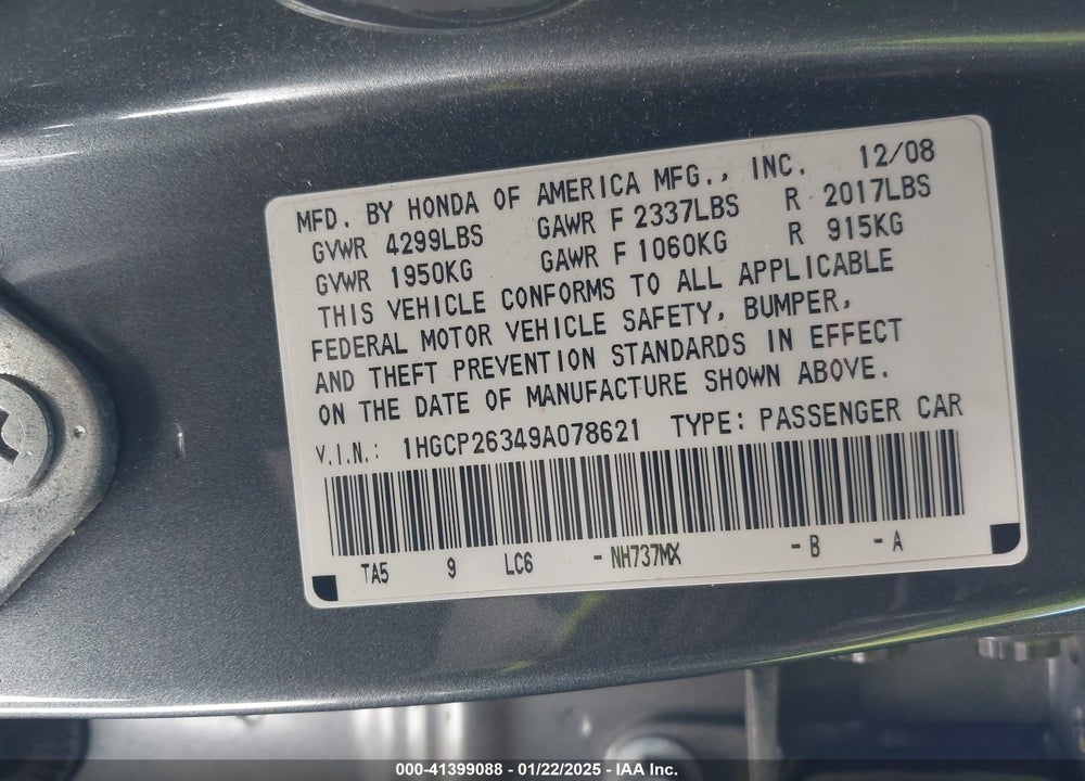 2009 HONDA ACCORD 2.4 LX VIN: 1HGCP26349A078621