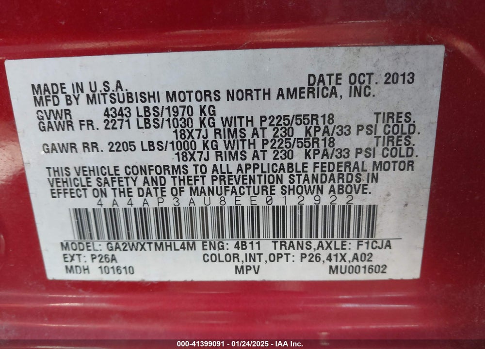 2014 MITSUBISHI OUTLANDER SPORT ES VIN: 4A4AP3AU8EE012922