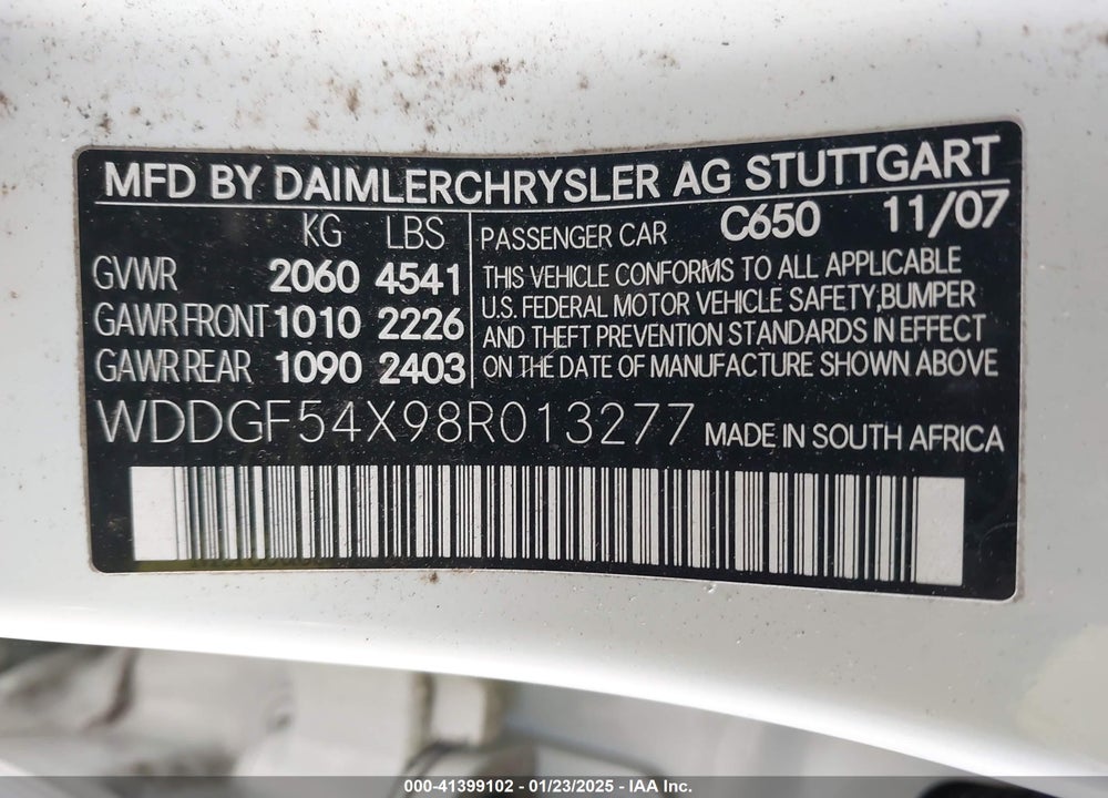 2008 MERCEDES-BENZ C VIN: WDDGF54X98R013277