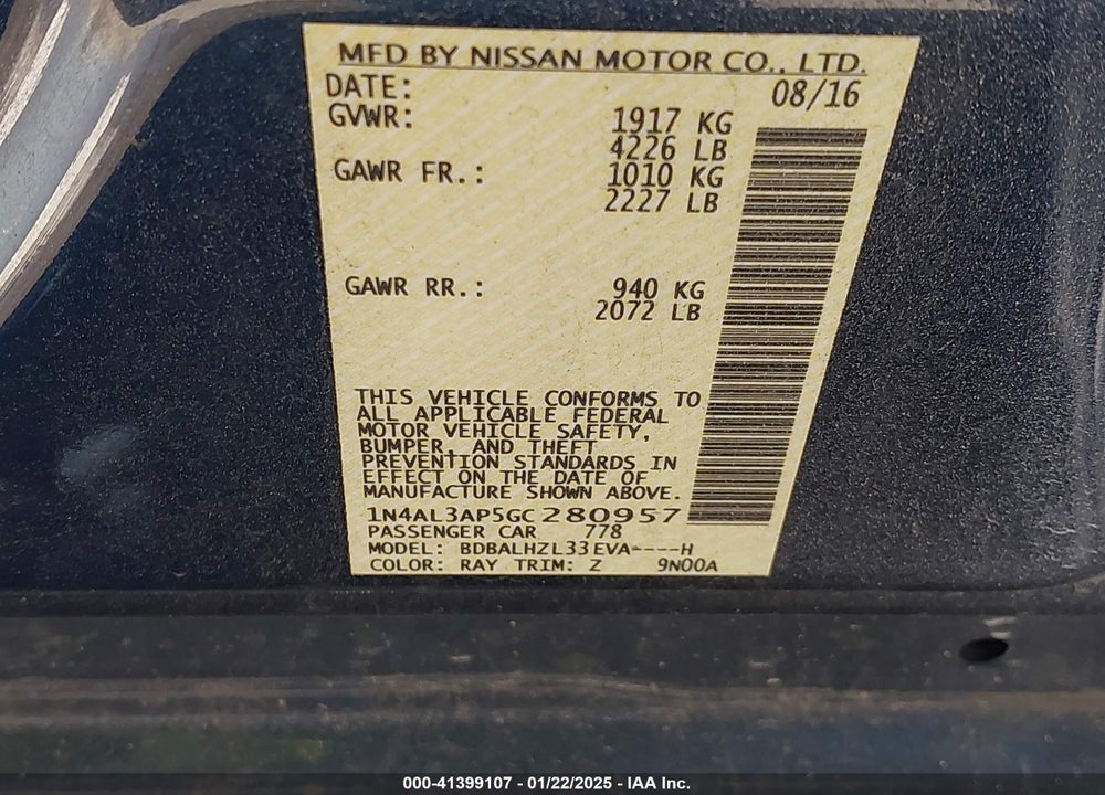 2016 NISSAN ALTIMA VIN: 1N4AL3AP5GC280957