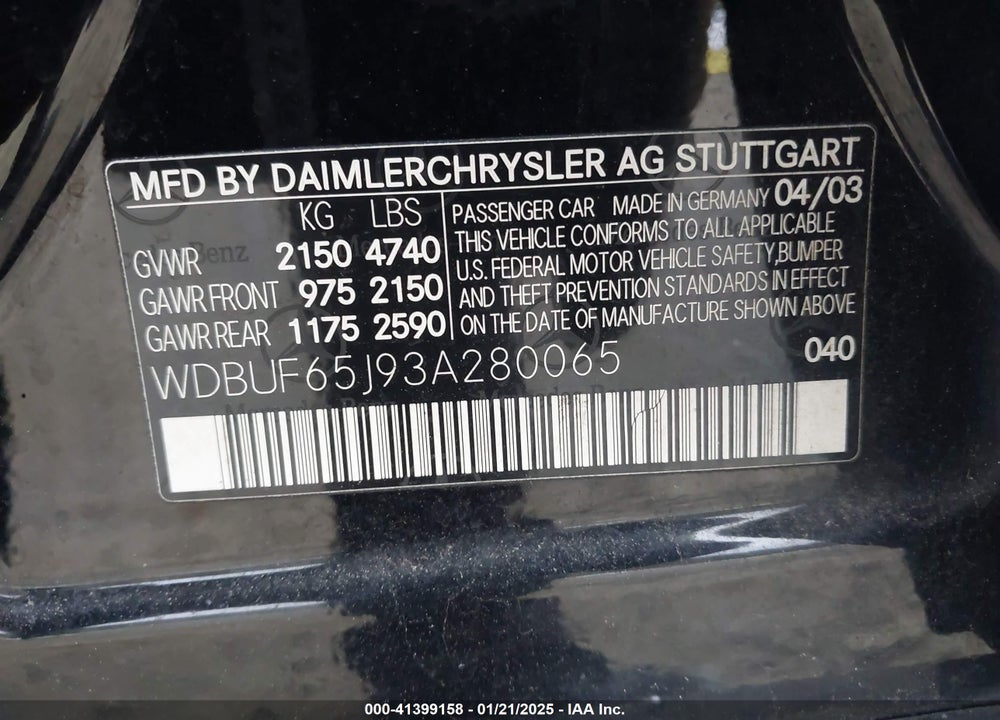 2003 MERCEDES-BENZ E 320 VIN: WDBUF65J93A280065
