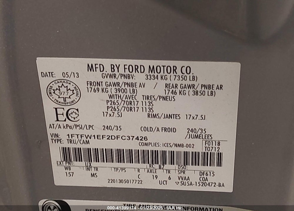 2013 FORD F-150 VIN: 1FTFW1EF2DFC37426