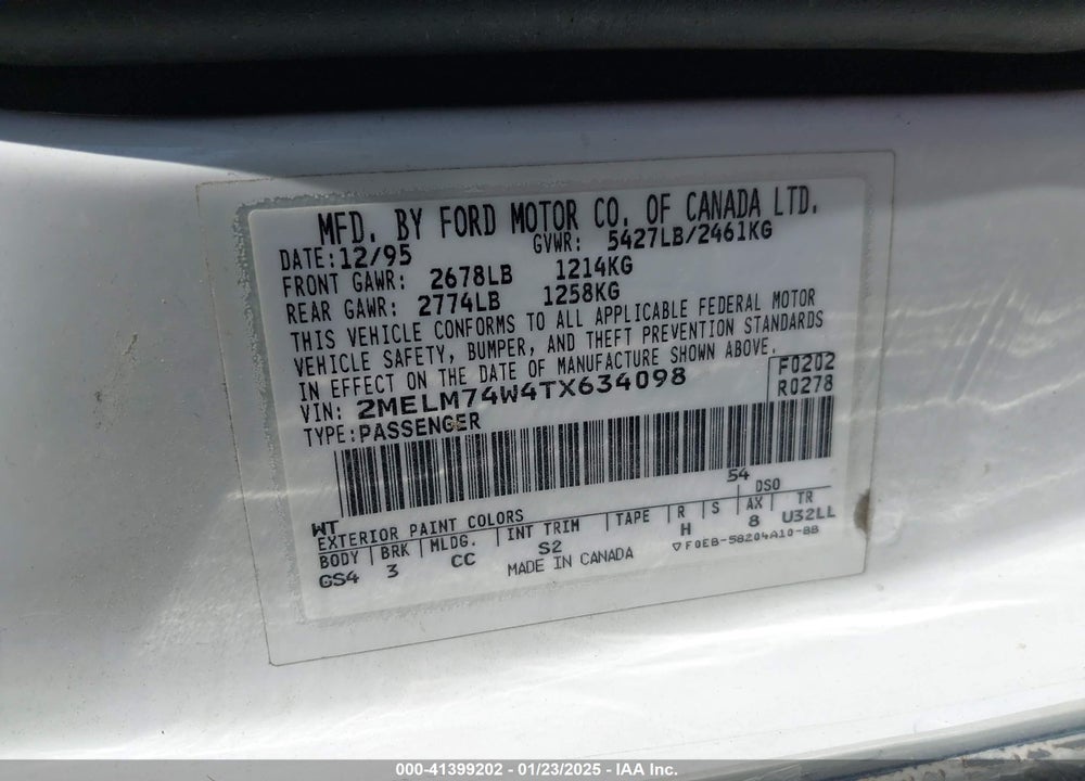 1996 MERCURY GRAND MARQUIS GS VIN: 2MELM74W4TX634098