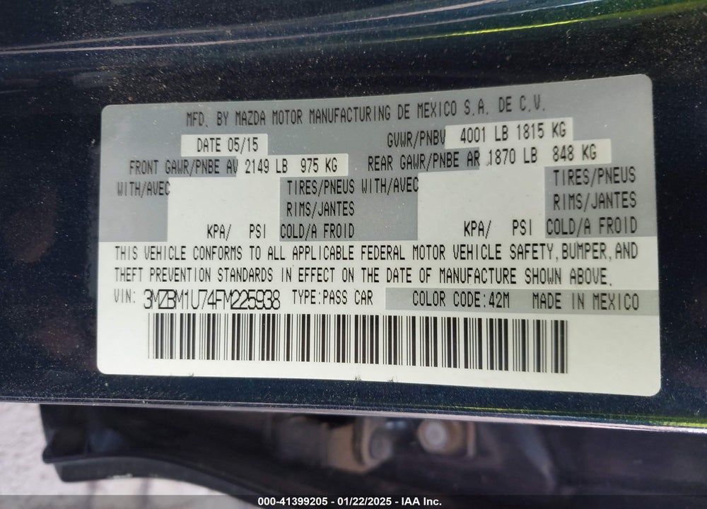 2015 MAZDA 3 I SPORT VIN: 3MZBM1U74FM225938