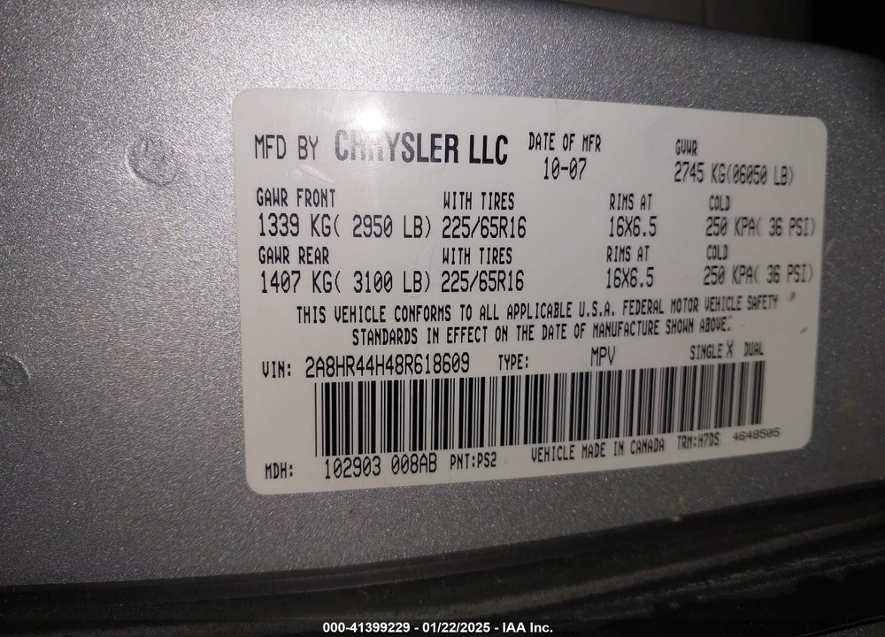2008 CHRYSLER TOWN & COUNTRY LX VIN: 2A8HR44H48R618609