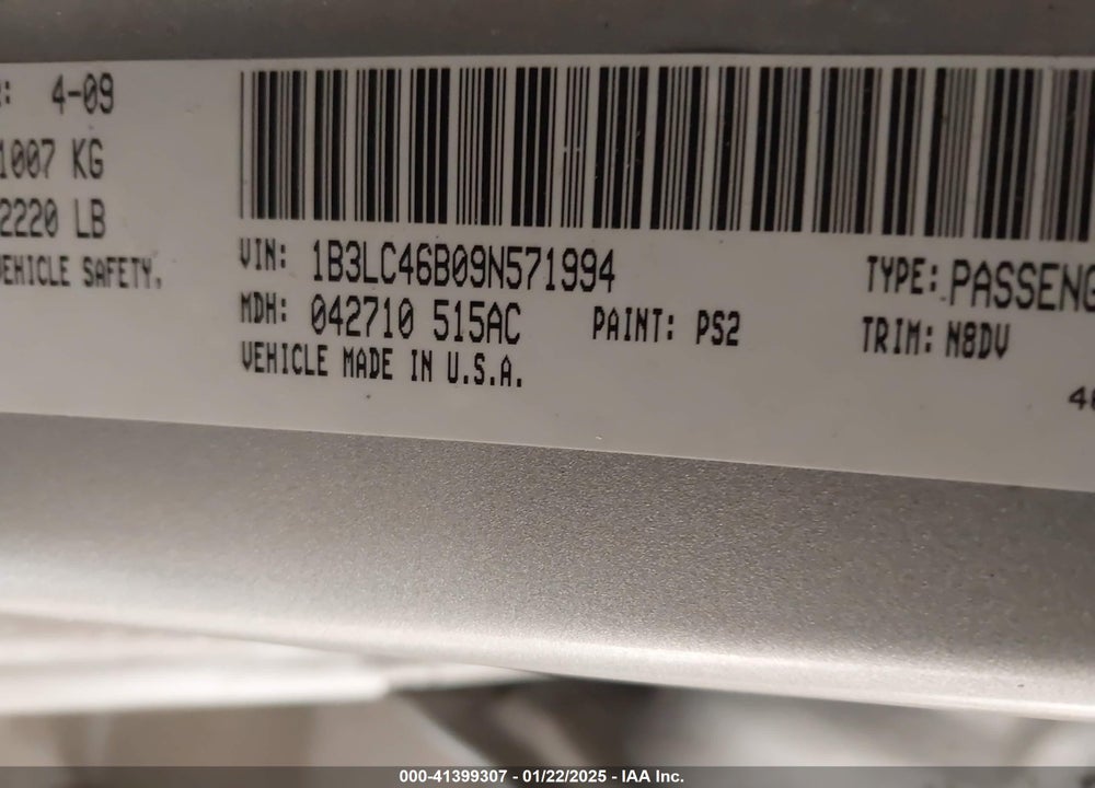 2009 DODGE AVENGER VIN: 1B3LC46B09N571994