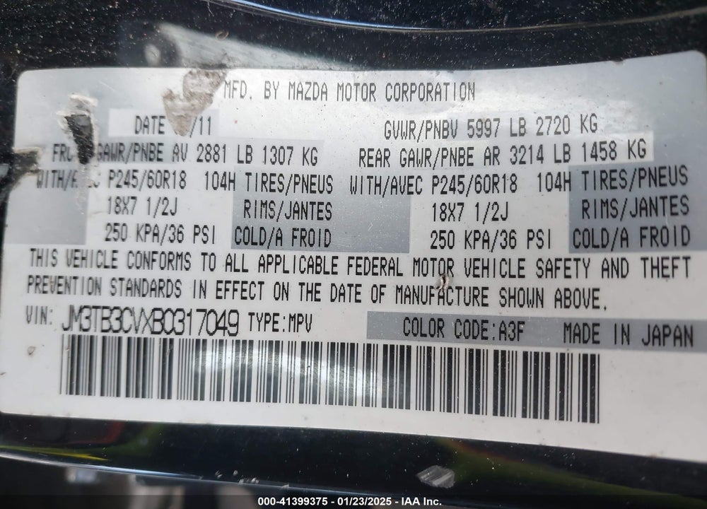 2011 MAZDA CX-9 TOURING VIN: JM3TB3CVXB0317049