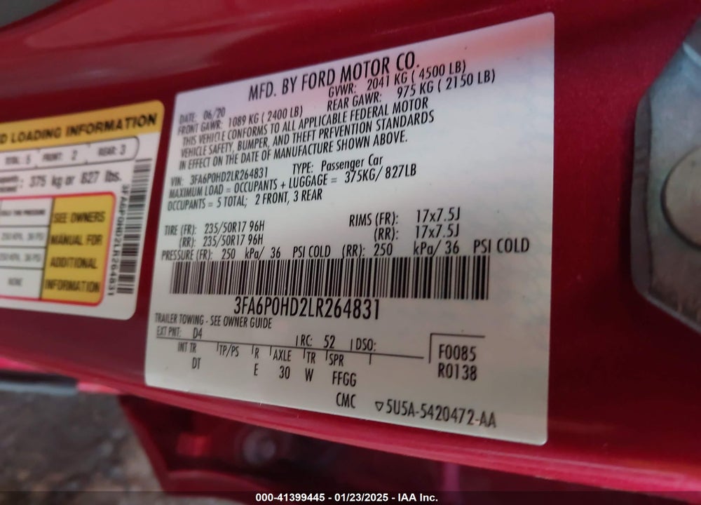 2020 FORD FUSION VIN: 3FA6P0HD2LR264831