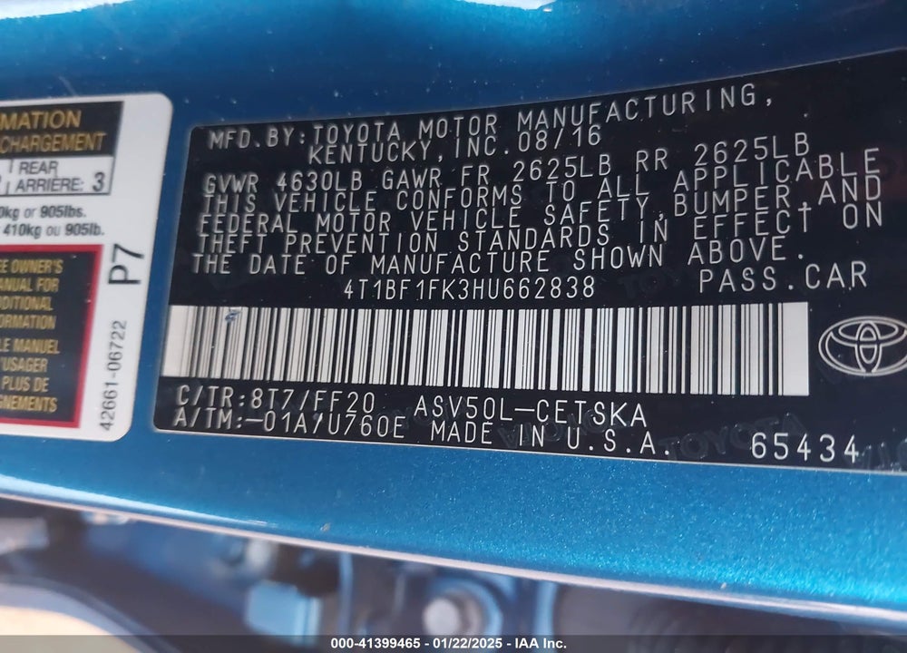 2017 TOYOTA CAMRY SE VIN: 4T1BF1FK3HU662838
