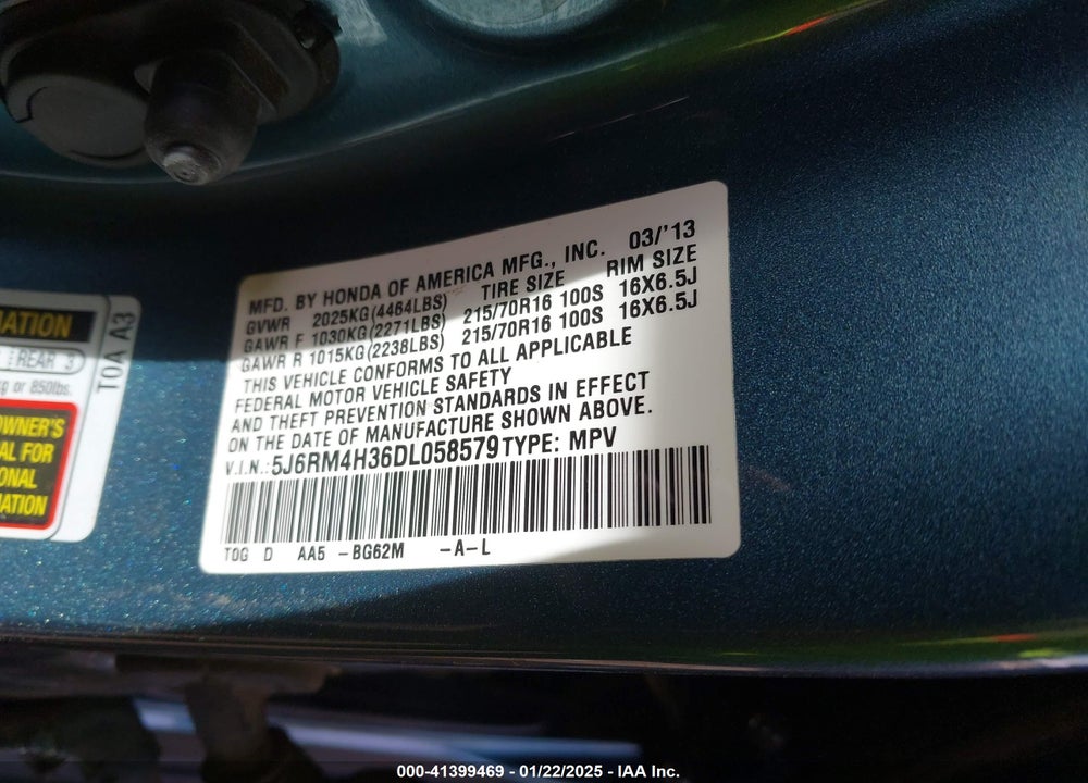 2013 HONDA CR-V LX VIN: 5J6RM4H36DL058579