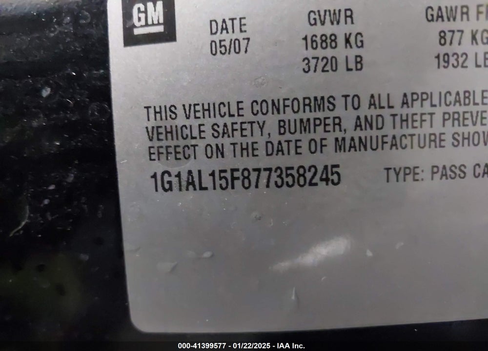 2007 CHEVROLET COBALT LT VIN: 1G1AL15F877358245