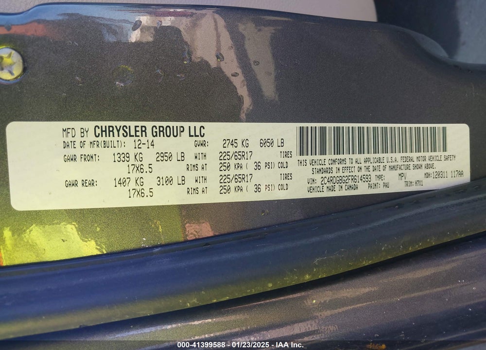 2015 DODGE GRAND CARAVAN SE VIN: 2C4RDGBG2FR614593