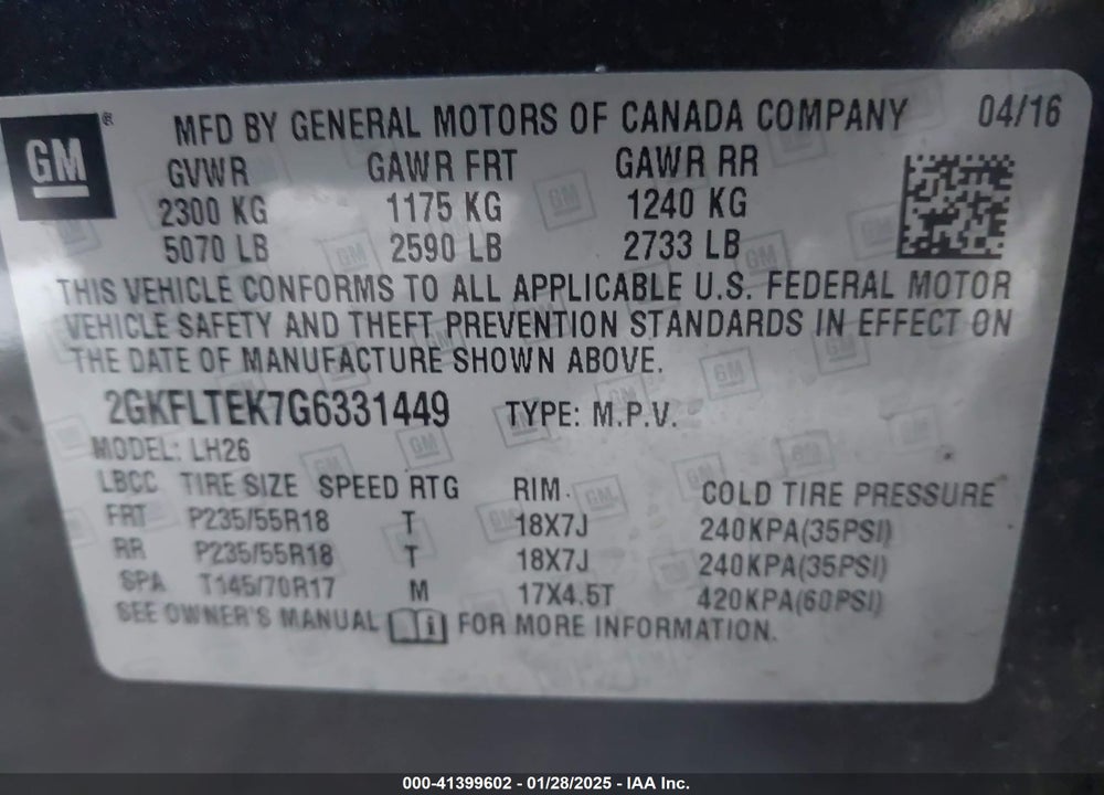 2016 GMC TERRAIN SLE-2 VIN: 2GKFLTEK7G6331449