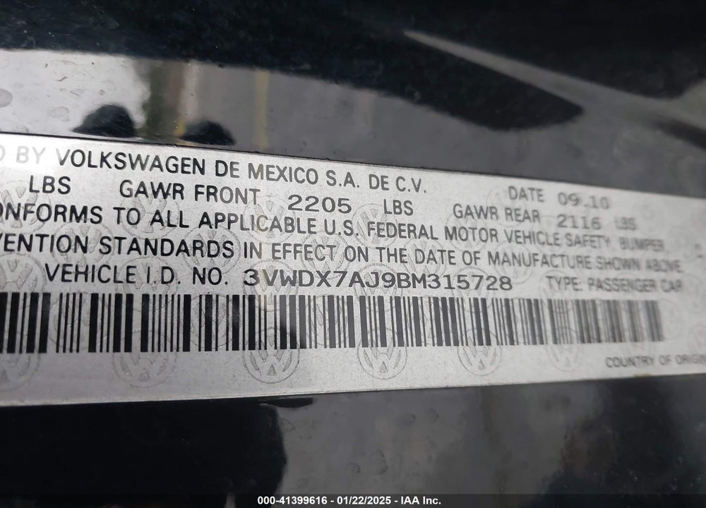 2011 VOLKSWAGEN JETTA 2.5L SE VIN: 3VWDX7AJ9BM315728