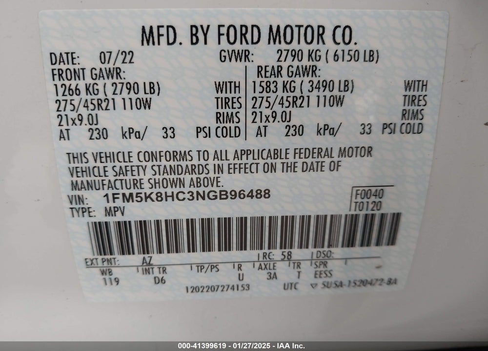 2022 FORD EXPLORER PLATINUM VIN: 1FM5K8HC3NGB96488