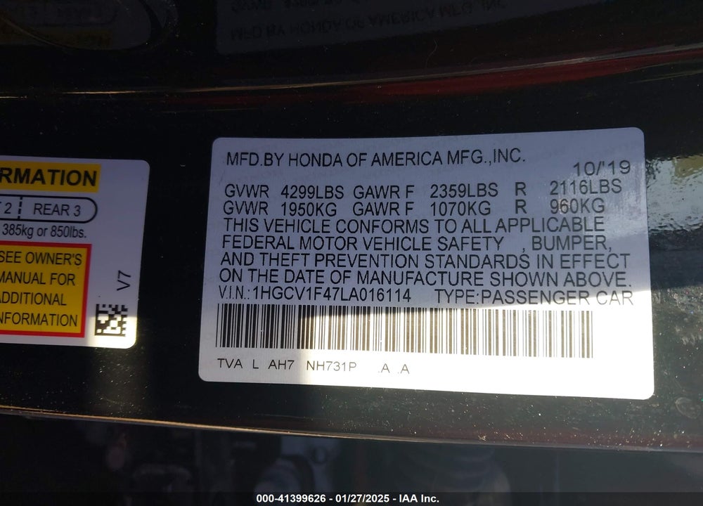2020 HONDA ACCORD VIN: 1HGCV1F47LA016114