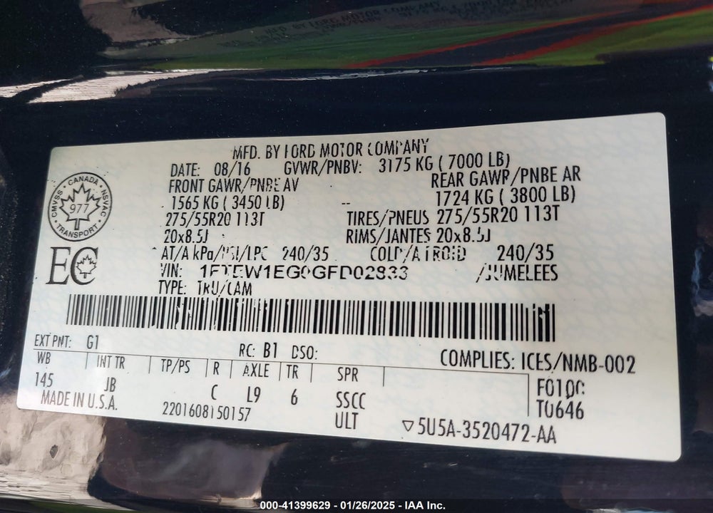 2016 FORD F-150 VIN: 1FTEW1EG0GFD02833