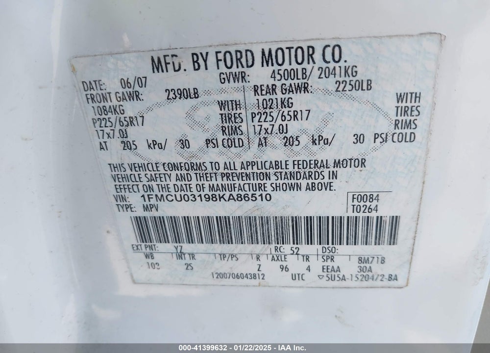 2008 FORD ESCAPE XLT VIN: 1FMCU03198KA86510