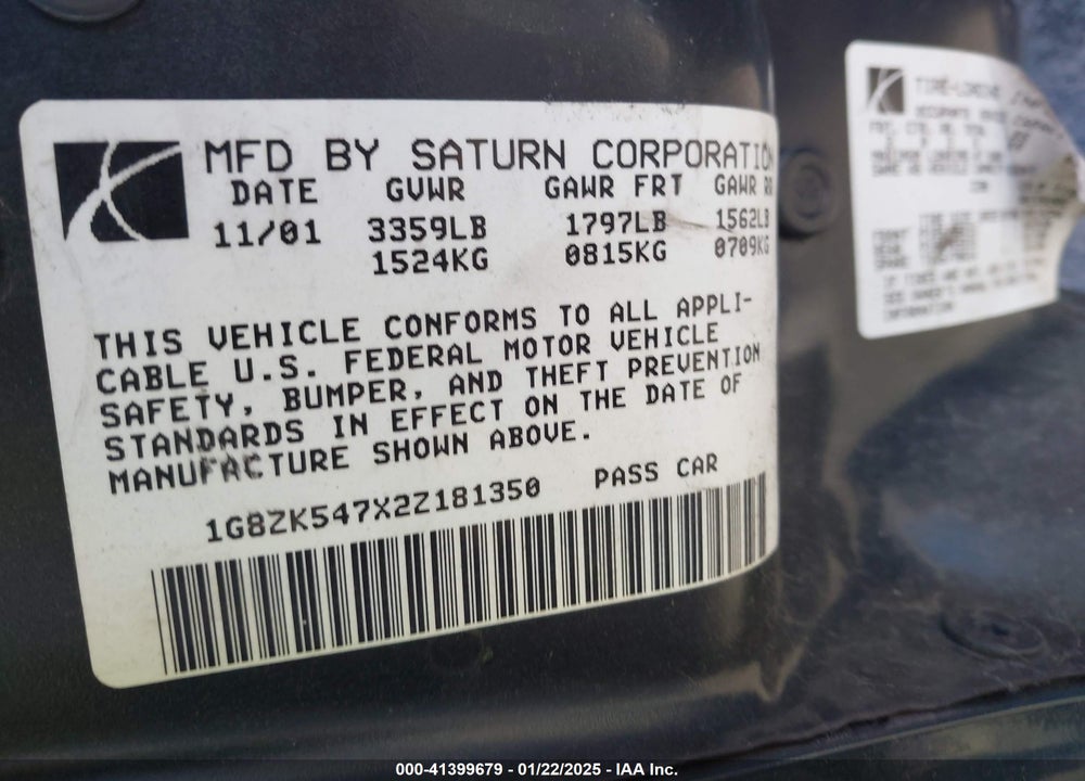 2002 SATURN S-SERIES SL2 VIN: 1G8ZK547X2Z181350