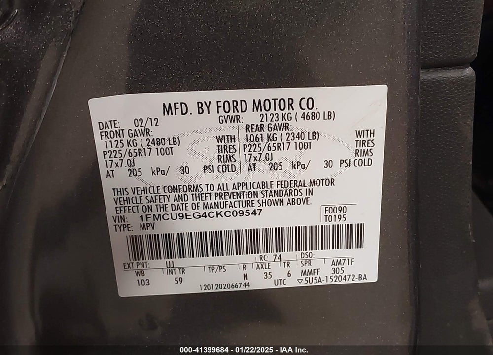 2012 FORD ESCAPE LIMITED VIN: 1FMCU9EG4CKC09547