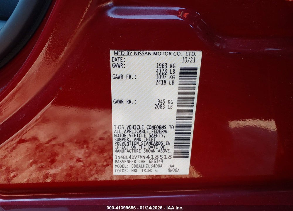 2021 NISSAN ALTIMA SV FWD VIN: 1N4BL4DV7MN418518