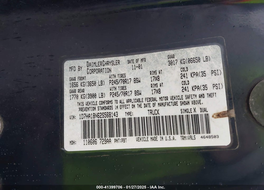 2002 DODGE RAM 1500 ST VIN: 1D7HA18N62S568143