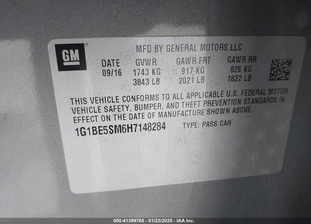 2017 CHEVROLET CRUZE LT AUTO VIN: 1G1BE5SM6H7148284