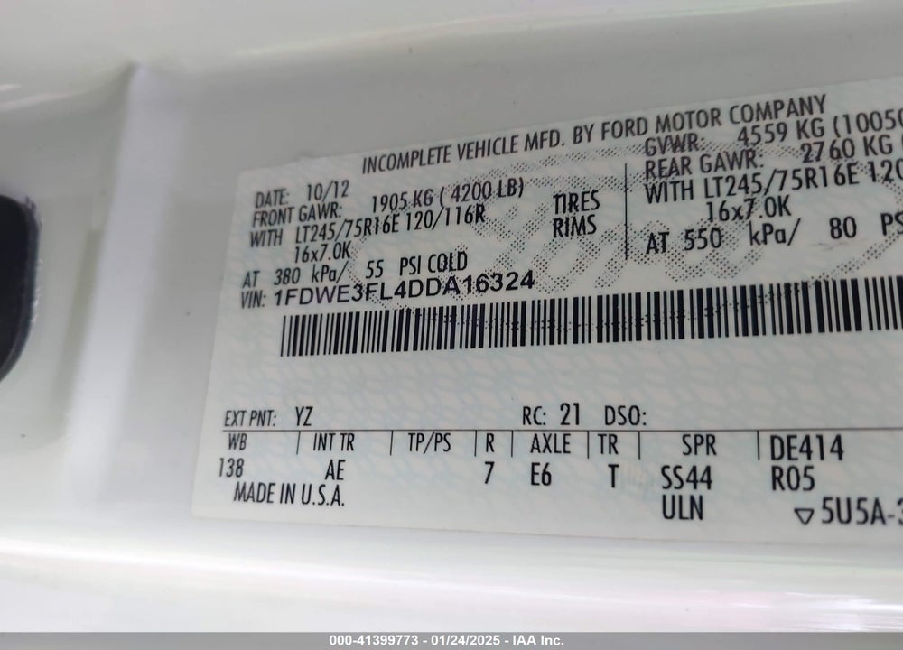 2013 FORD E-350 CUTAWAY VIN: 1FDWE3FL4DDA16324