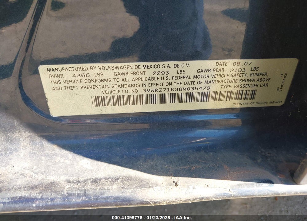 2008 VOLKSWAGEN JETTA VIN: 3VWRZ71K38M035479
