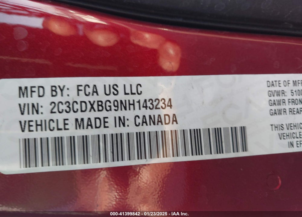 2022 DODGE CHARGER VIN: 2C3CDXBG9NH143234