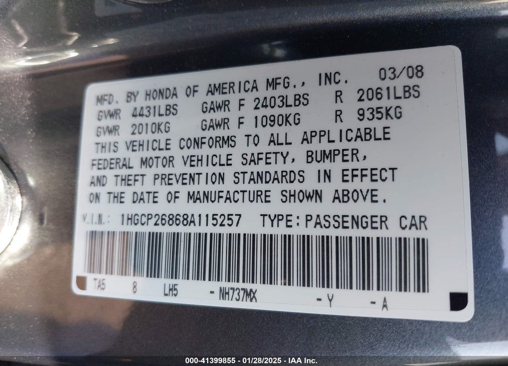 2008 HONDA ACCORD 2.4 EX-L VIN: 1HGCP26868A115257