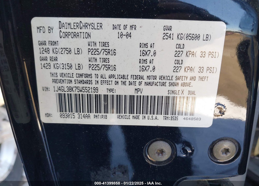 2005 JEEP LIBERTY RENEGADE VIN: 1J4GL38K75W552199