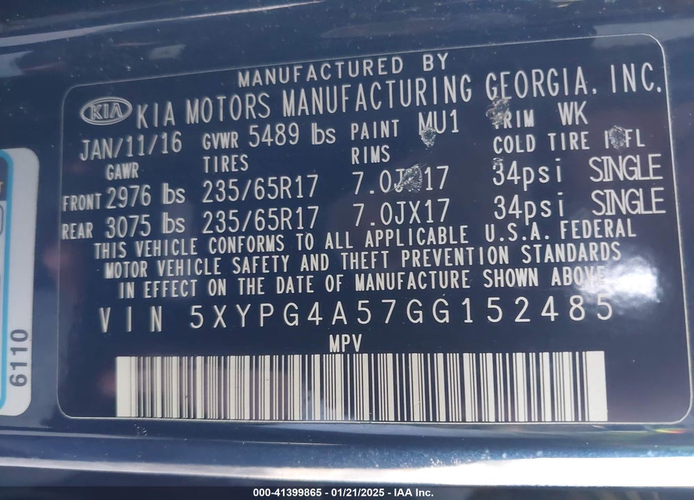 2016 KIA SORENTO 3.3L LX VIN: 5XYPG4A57GG152485