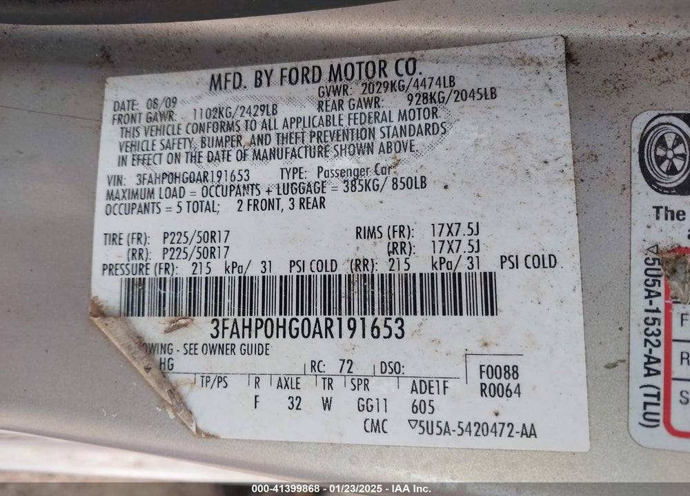 2010 FORD FUSION VIN: 3FAHP0HG0AR191653